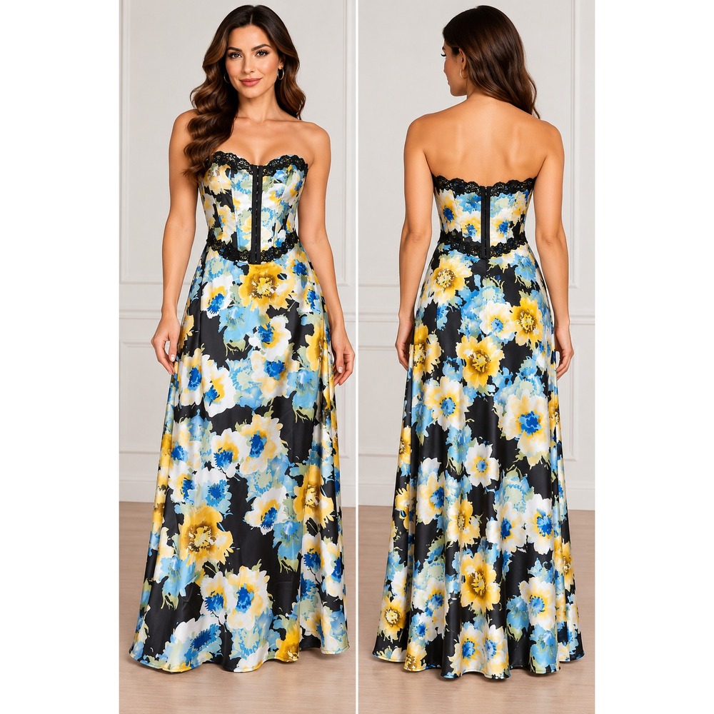 Bailey Rose Maxi Dress Womens Medium Black Floral Excellent Corset Lace Gown